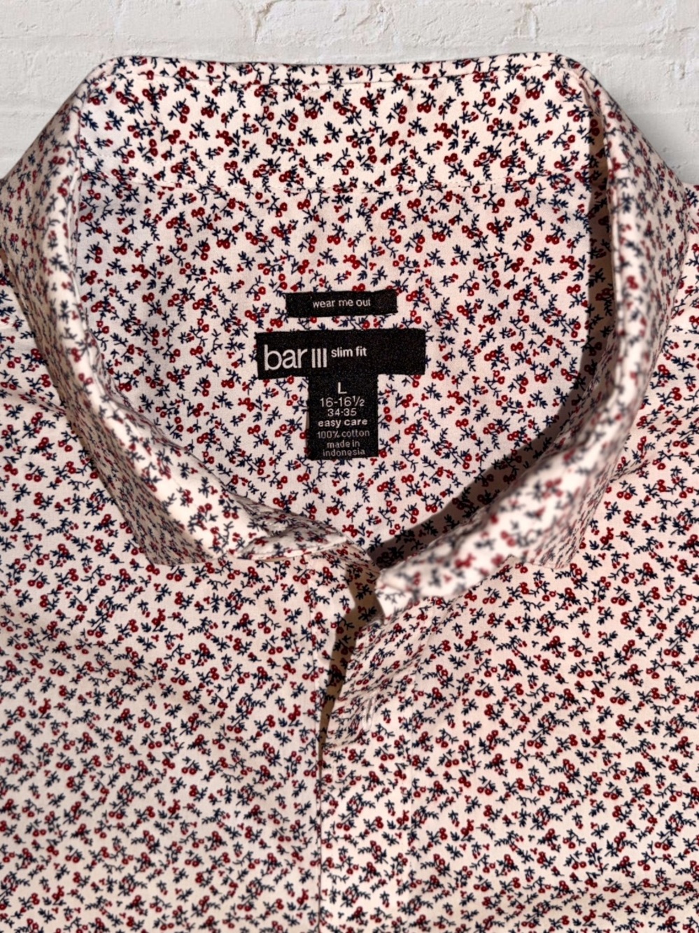 Bar III Shirt Mens Large Slim Fit Red Navy Berry Print Cotton Holiday Button Up
